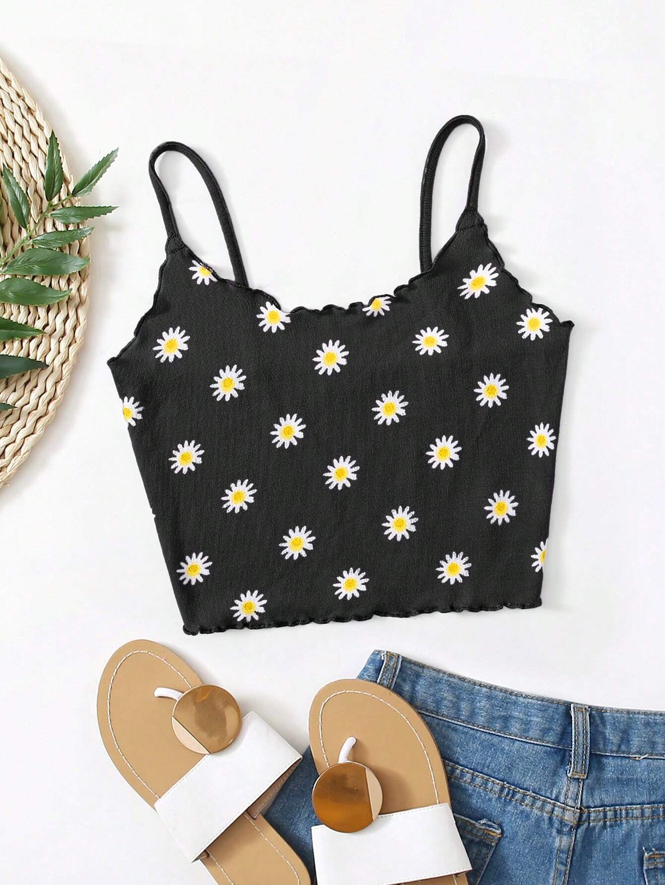 SHEIN WYWH Top De Tirantes Con Estampado De Margaritas Y Ribete De Lechuga Para Mujeres
