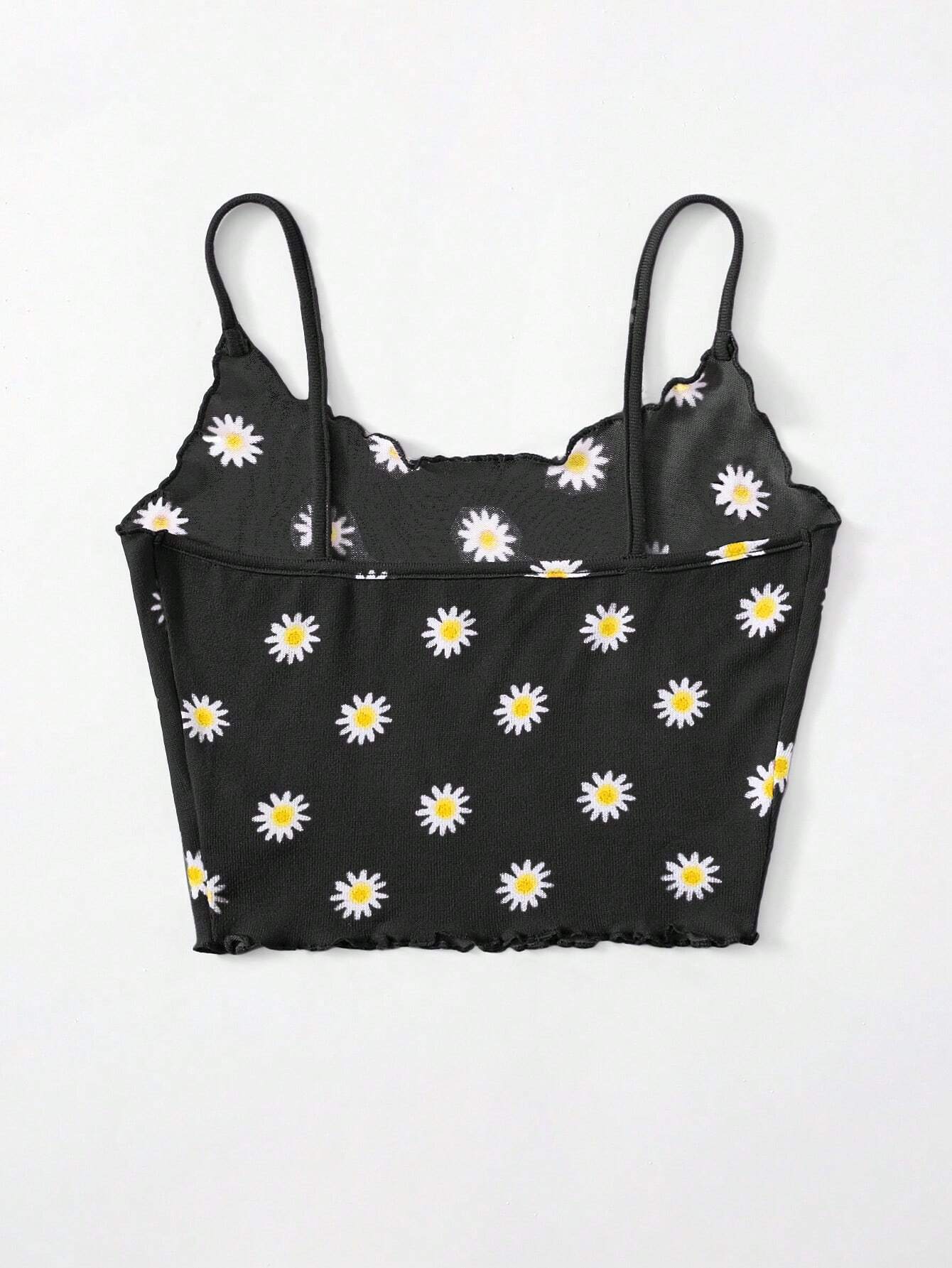 SHEIN WYWH Top De Tirantes Con Estampado De Margaritas Y Ribete De Lechuga Para Mujeres