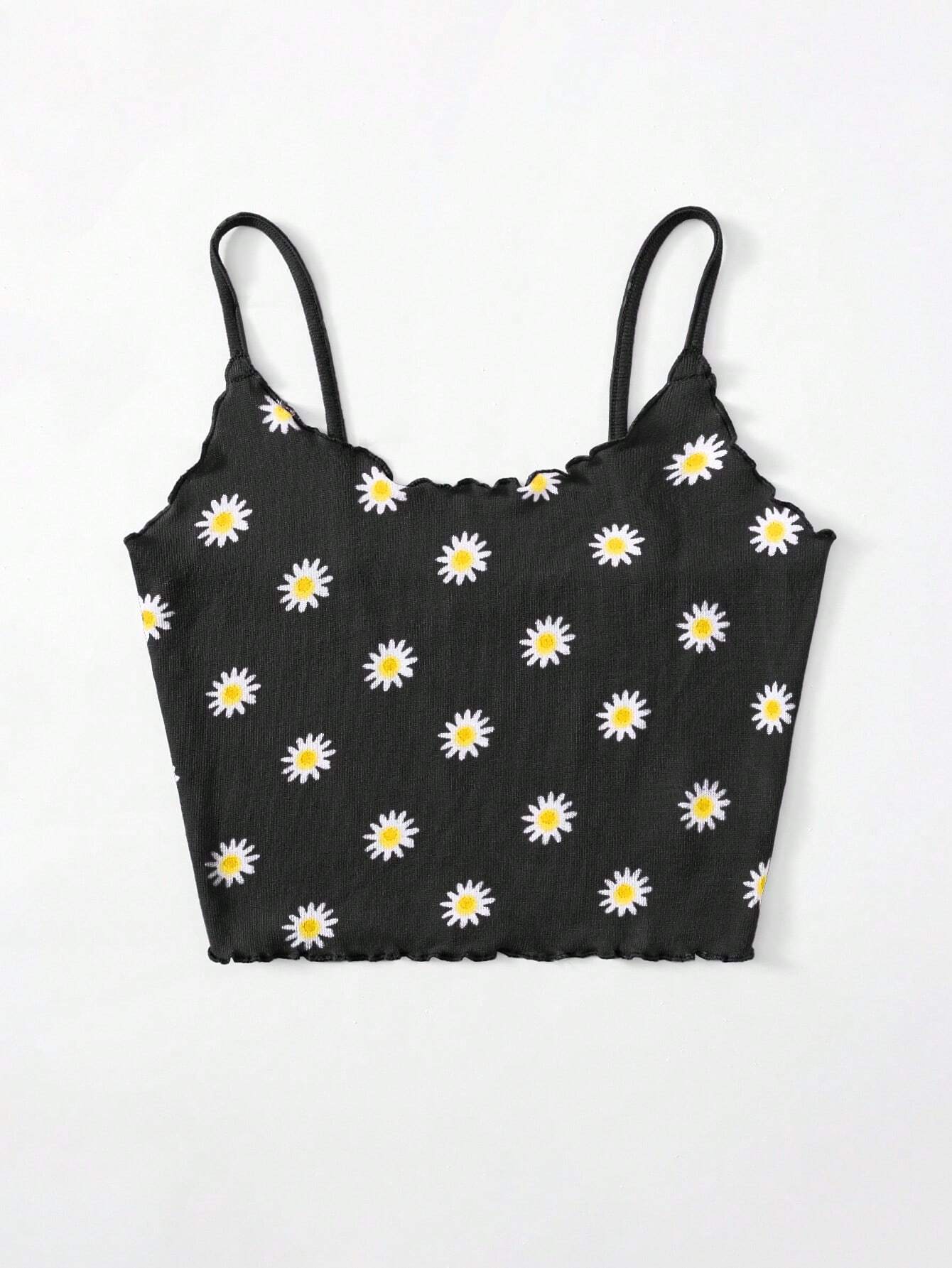 SHEIN WYWH Top De Tirantes Con Estampado De Margaritas Y Ribete De Lechuga Para Mujeres