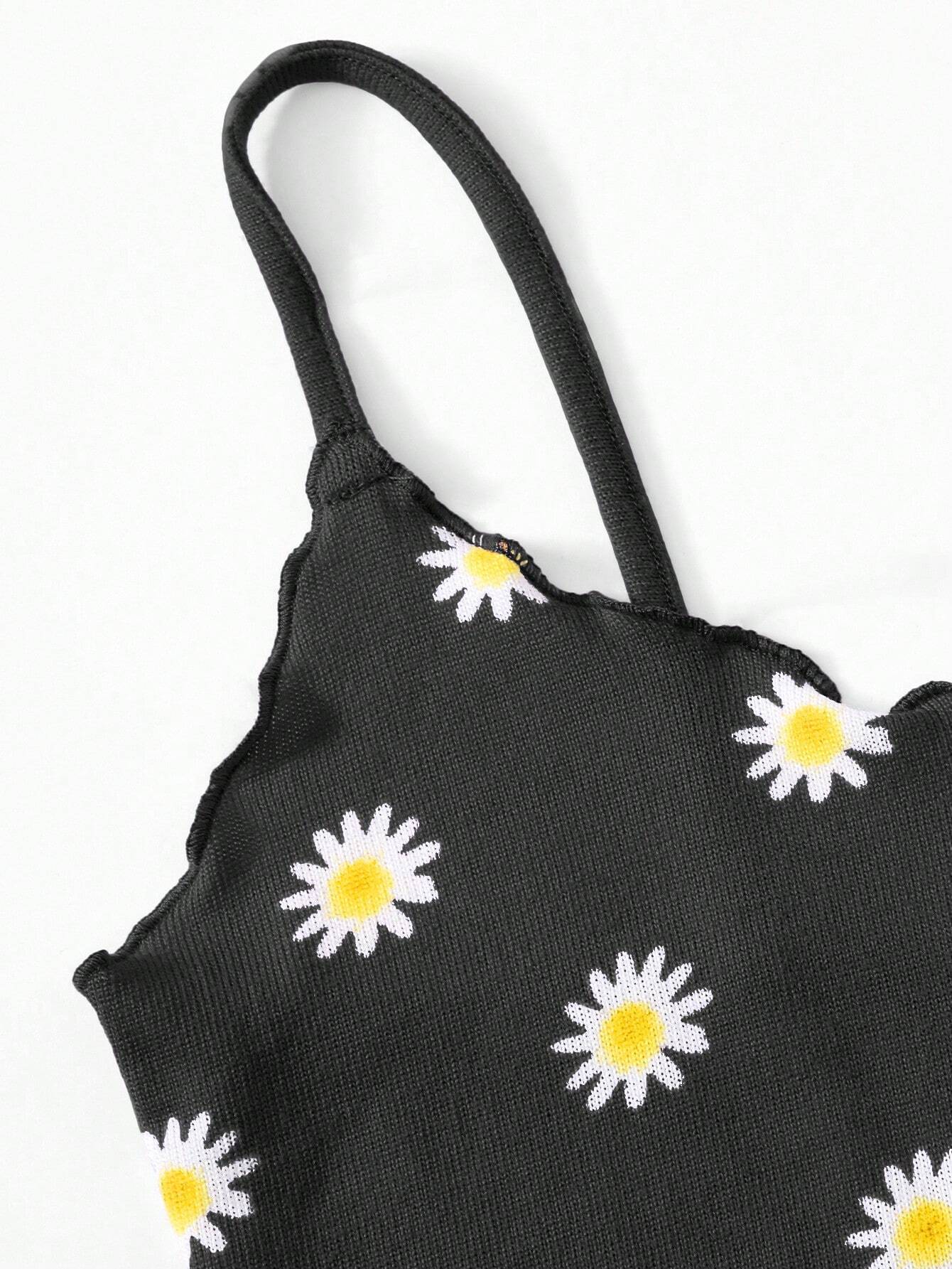 SHEIN WYWH Top De Tirantes Con Estampado De Margaritas Y Ribete De Lechuga Para Mujeres