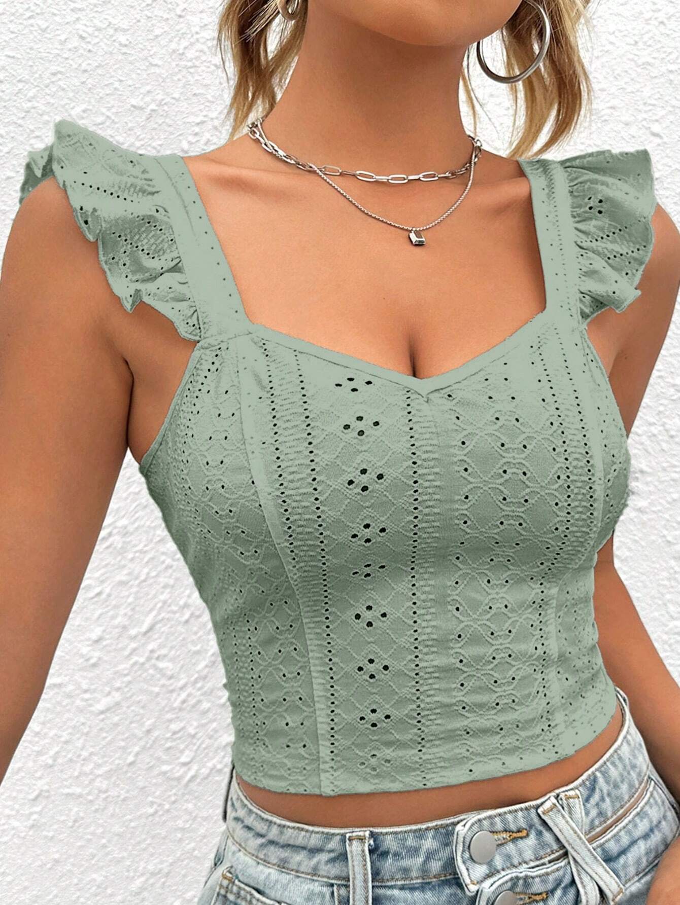 SHEIN WYWH Top crop con bordado con ojal ribete con fruncido