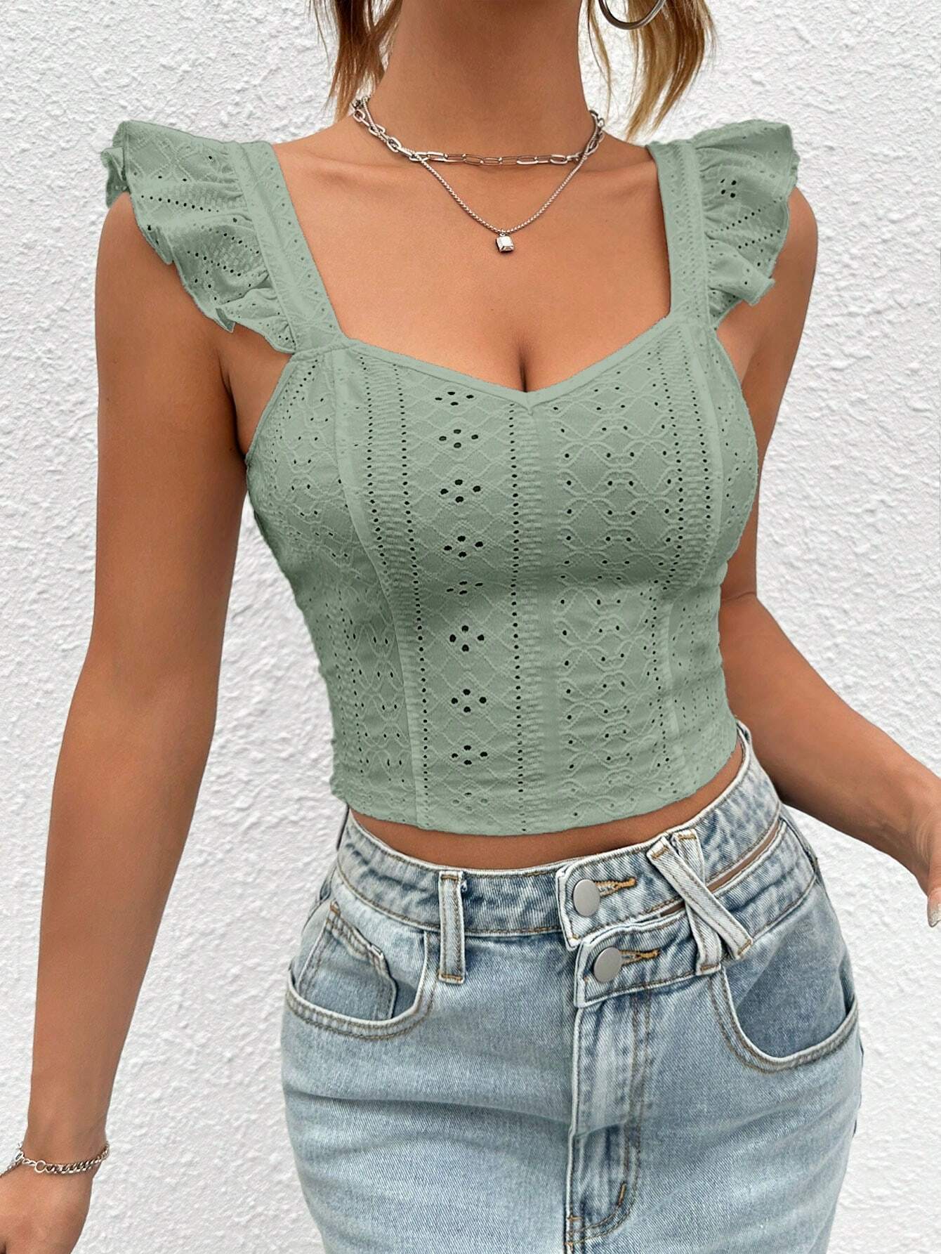 SHEIN WYWH Top crop con bordado con ojal ribete con fruncido