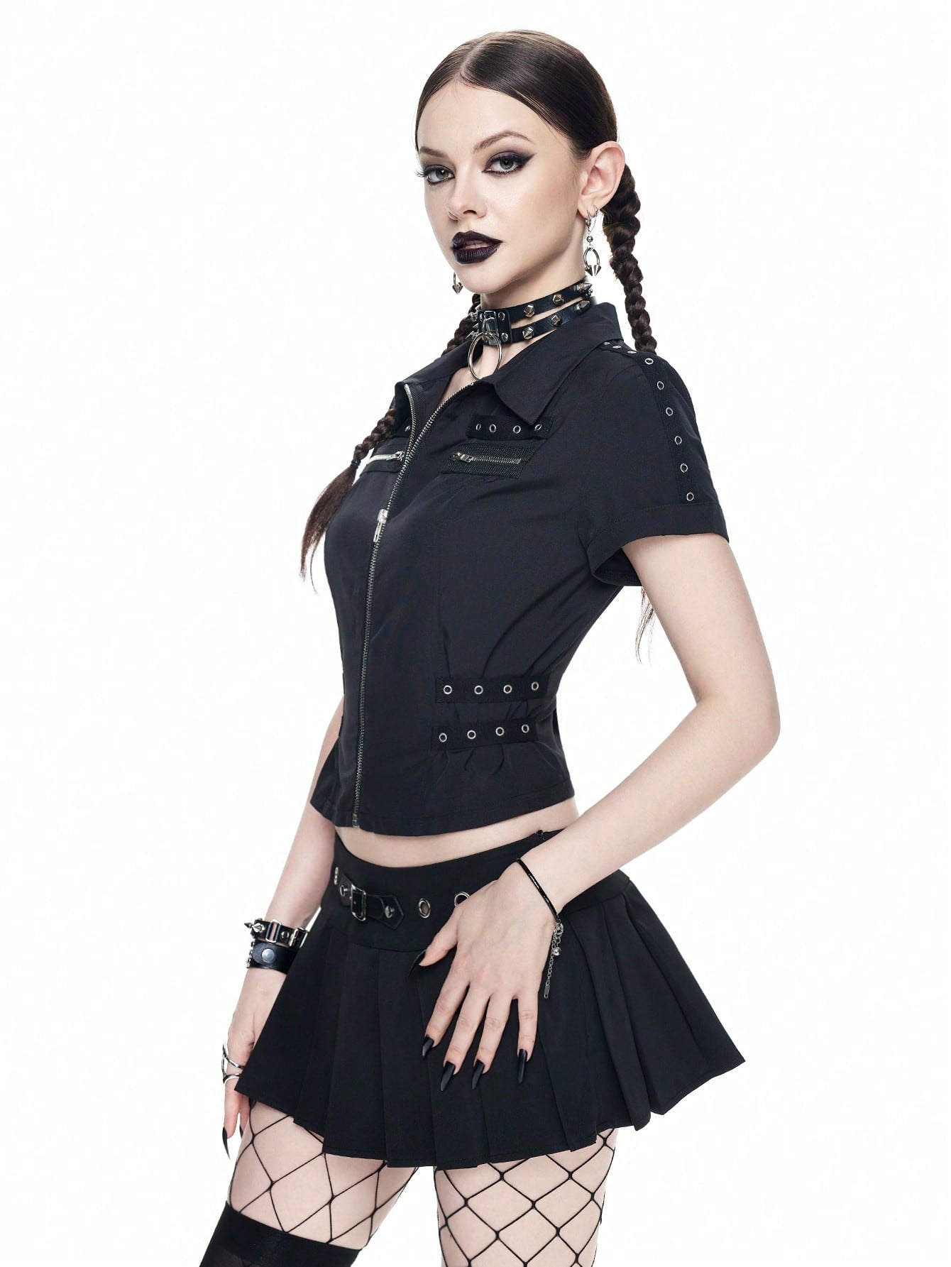 SHEINxHITOMI ROMWE Minifalda plisada con ojetes metálicos de cintura extrabaja, sexy y punk, para mujeres