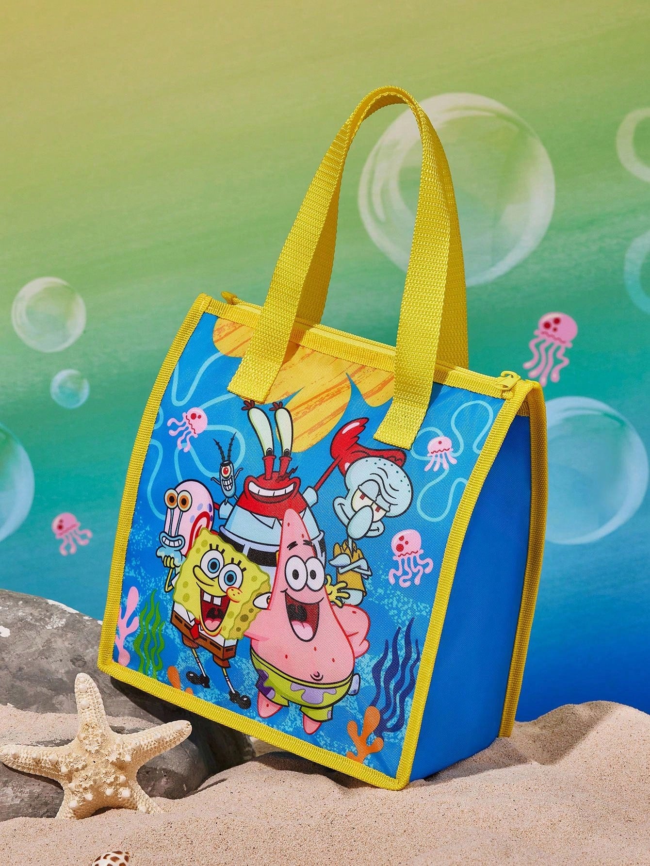 SpongeBob SquarePants | SHEIN 1 pieza Bolsa de almuerzo aislada con impresión de personaje de dibujos animados, mantiene la comida caliente o fría, bolsa de picnic de gran capacidad que se ajusta a la caja de almuerzo y