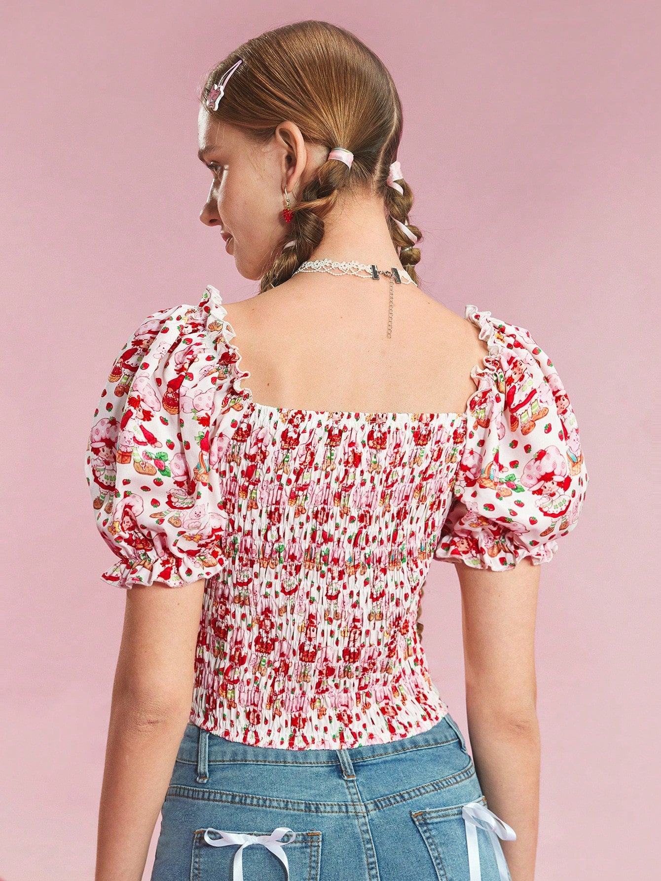 Strawberry Shortcake X SHEIN Blusa de manga corta con cuello de corazón y gráfico de dibujos animados, para verano