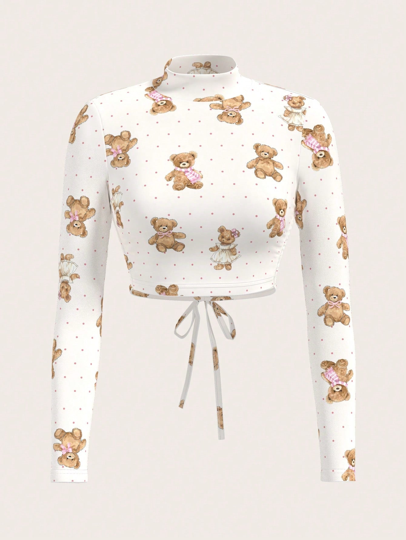 Sweetina Camiseta de mujer con manga larga, estampado de oso de lunares y escote en la espalda con estampado de oso lindo Y2K, otoño