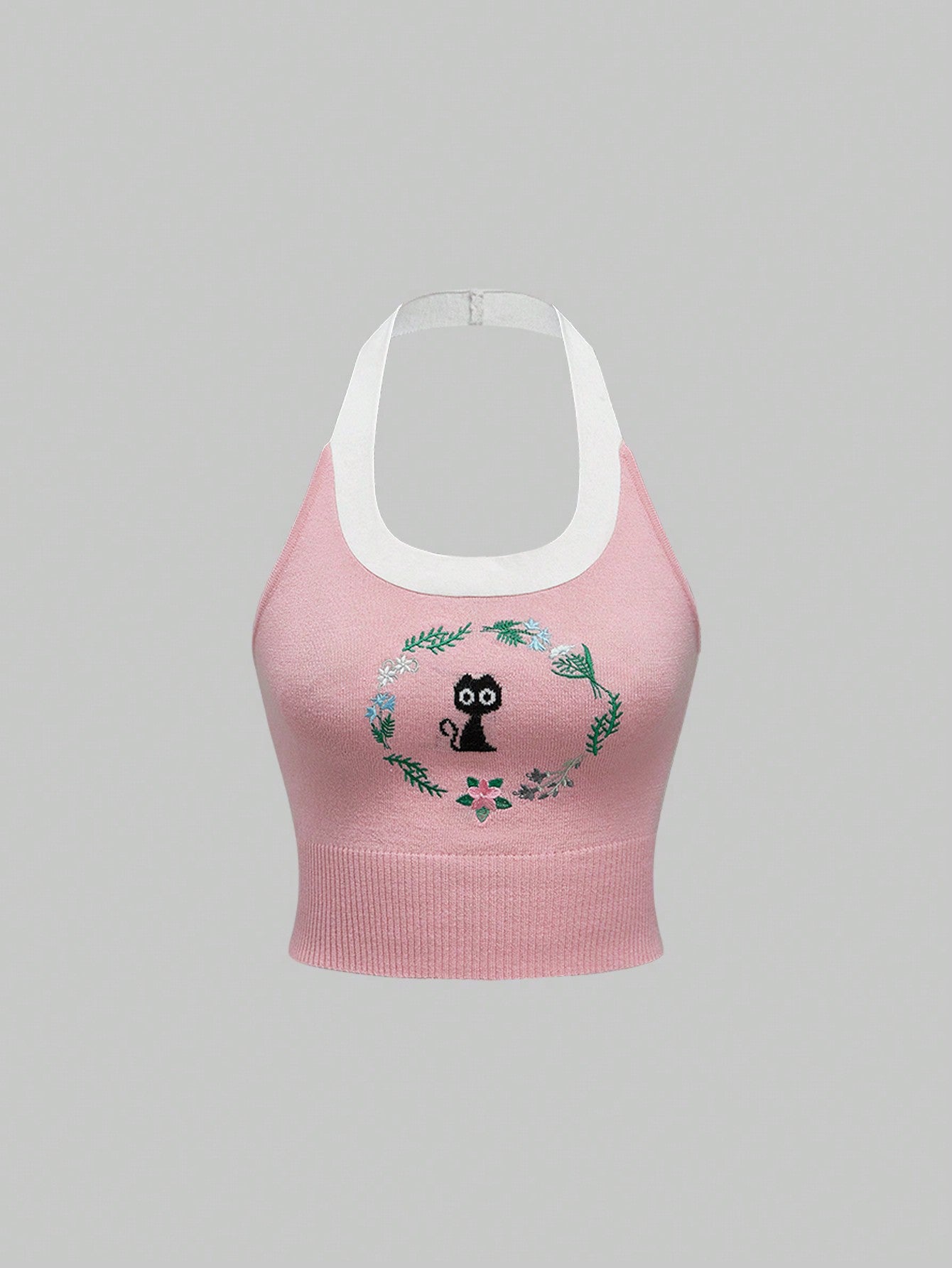 Sweetness Set de 2 piezas Chaleco de punto sin mangas con bordado de gato dulce para mujer