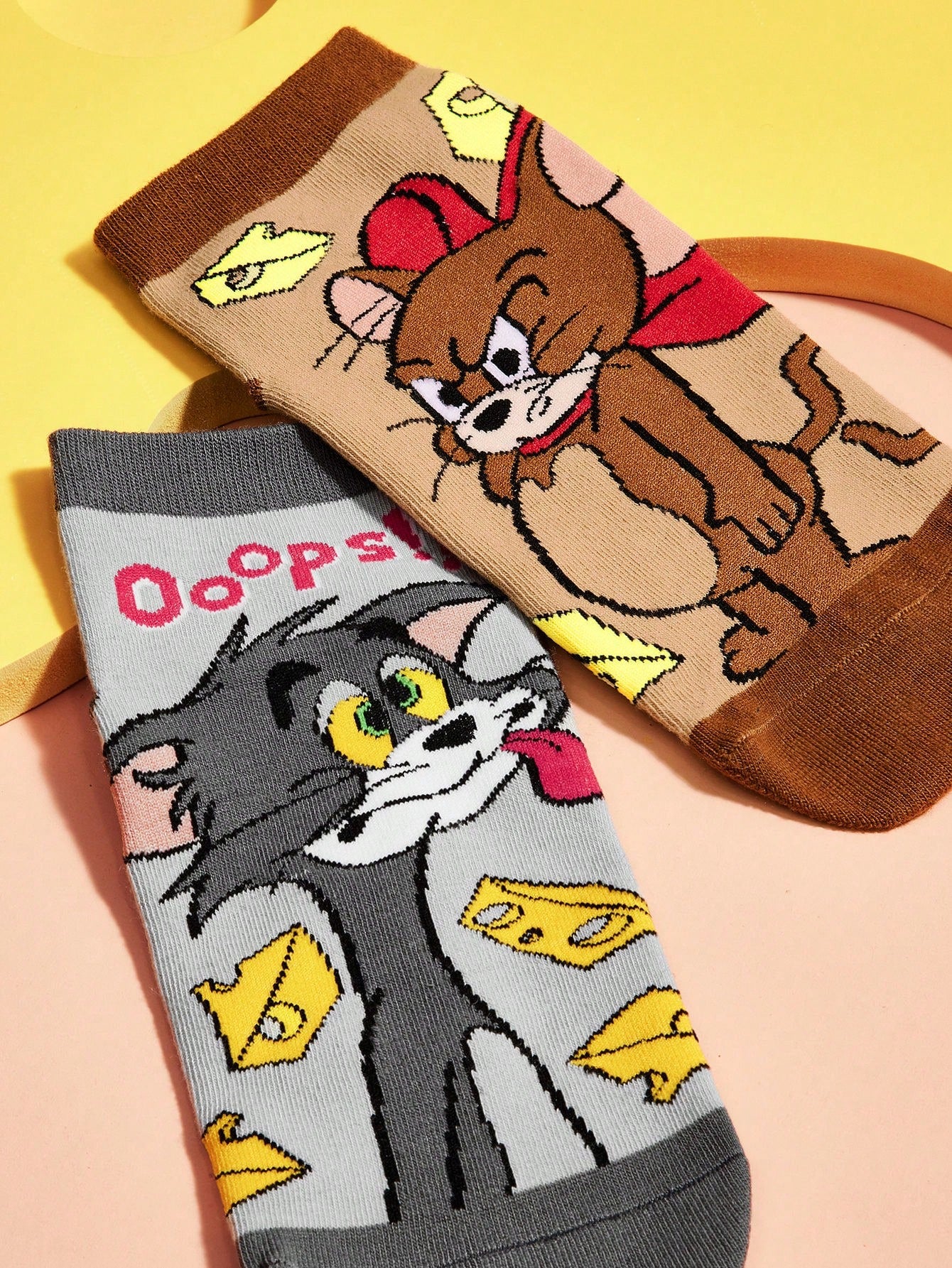 TOM & JERRY X SHEIN Calcetines De Tobillo Para Mujeres Con Estampado De Dibujos Animados De Gato Y Ratón, 2 Pares Por Paquete