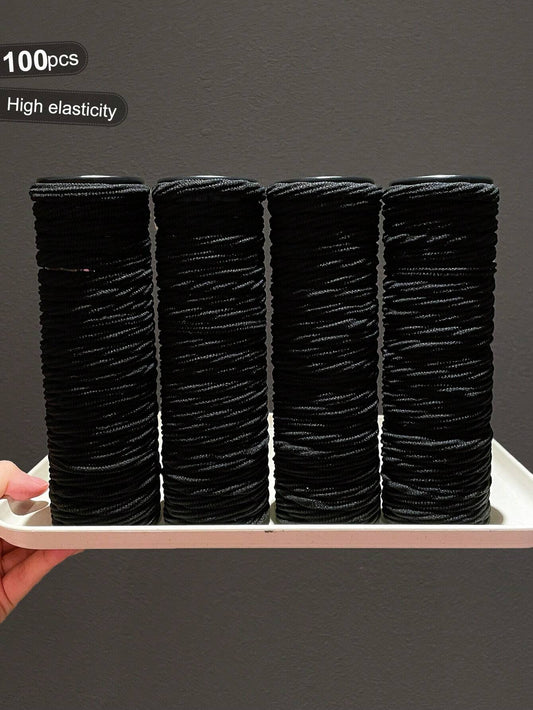 100 piezas Elásticos de cabello negros simples y de alta elasticidad, accesorios de cabello versátiles para mujeres