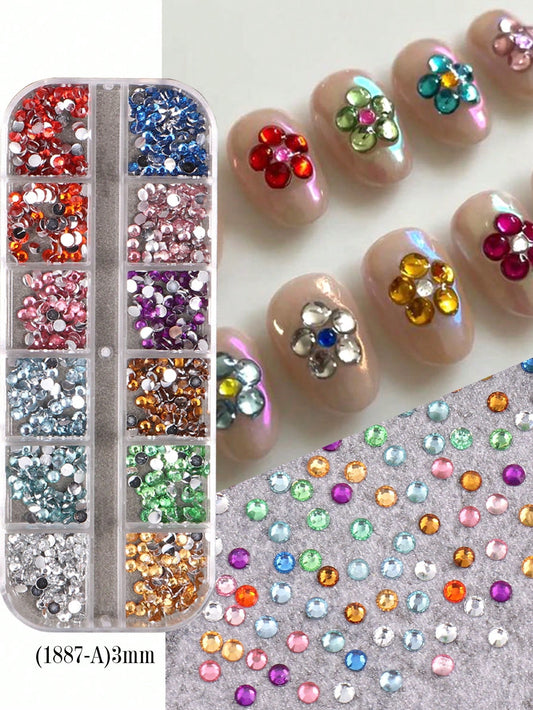 12 rejillas de piedras de colores brillantes para decoración de uñas con fondo plano, abalorios de resina de 3 mm para arte de uñas 3D, joyas y adornos para salón de belleza, diseño de diamantes de colores variados con cristales planos