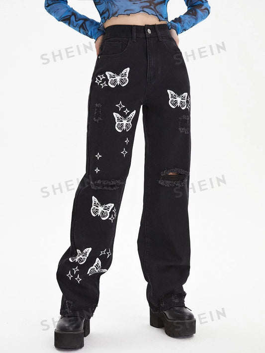 SHEIN ICON Jeans con mariposa con diseño roto con lavado Mujer