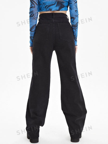 SHEIN ICON Jeans con mariposa con diseño roto con lavado Mujer
