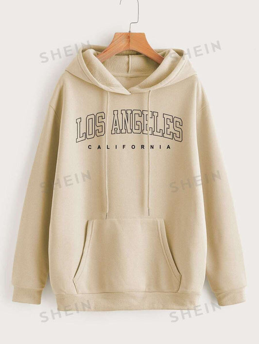 SHEIN EZwear Capucha térmica con estampado de letra con bolsillo de canguro de hombros caídos con cordón