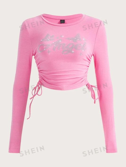 SHEIN ICON Camiseta corta con diamante de imitación con estampado de letra con cordón lateral
