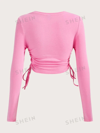 SHEIN ICON Camiseta corta con diamante de imitación con estampado de letra con cordón lateral