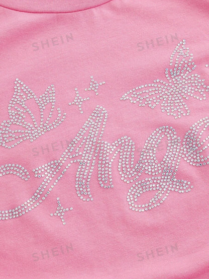 SHEIN ICON Camiseta corta con diamante de imitación con estampado de letra con cordón lateral