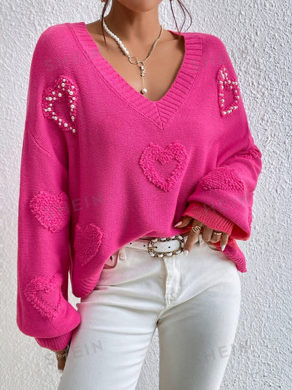 SHEIN Privé Jersey con perla con diseño de corazón escote V de hombros caídos