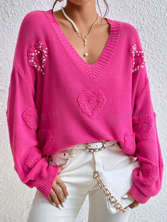SHEIN Privé Jersey con perla con diseño de corazón escote V de hombros caídos