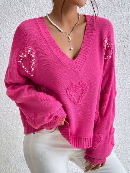 SHEIN Privé Jersey con perla con diseño de corazón escote V de hombros caídos