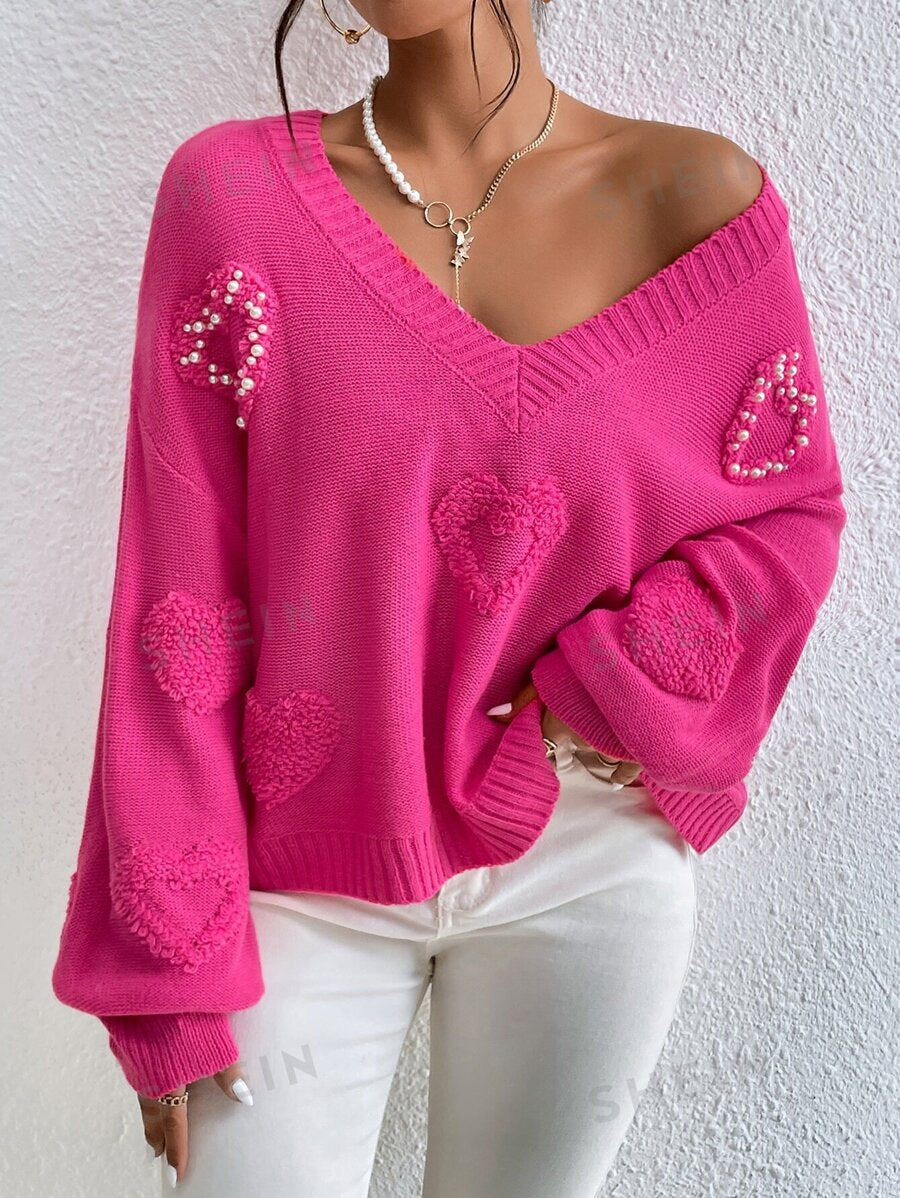 SHEIN Privé Jersey con perla con diseño de corazón escote V de hombros caídos