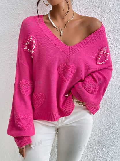 SHEIN Privé Jersey con perla con diseño de corazón escote V de hombros caídos