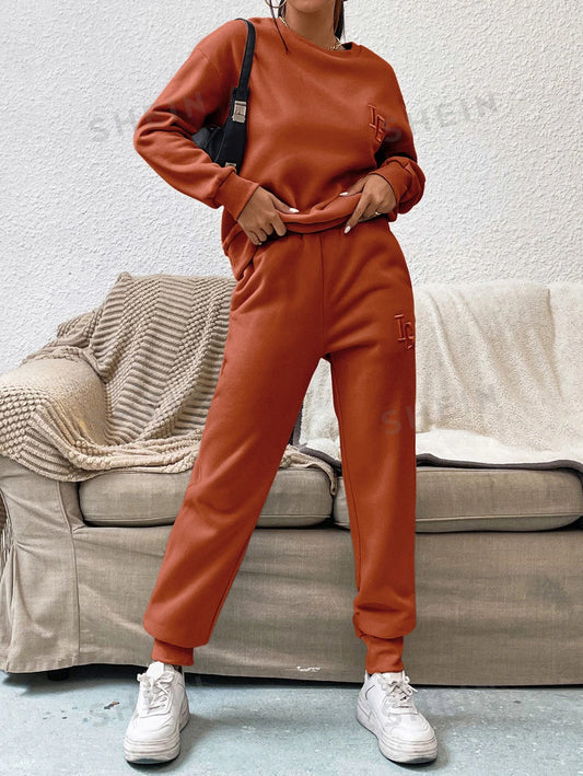 SHEIN EZwear Pantalones deportivos con sudadera con estampado de letra de hombros caídos