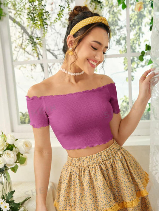 SHEIN WYWH Camiseta crop de hombros descubiertos ribete en forma de lechuga