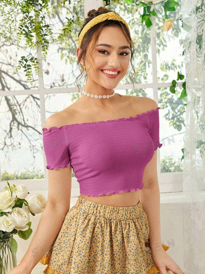 SHEIN WYWH Camiseta crop de hombros descubiertos ribete en forma de lechuga