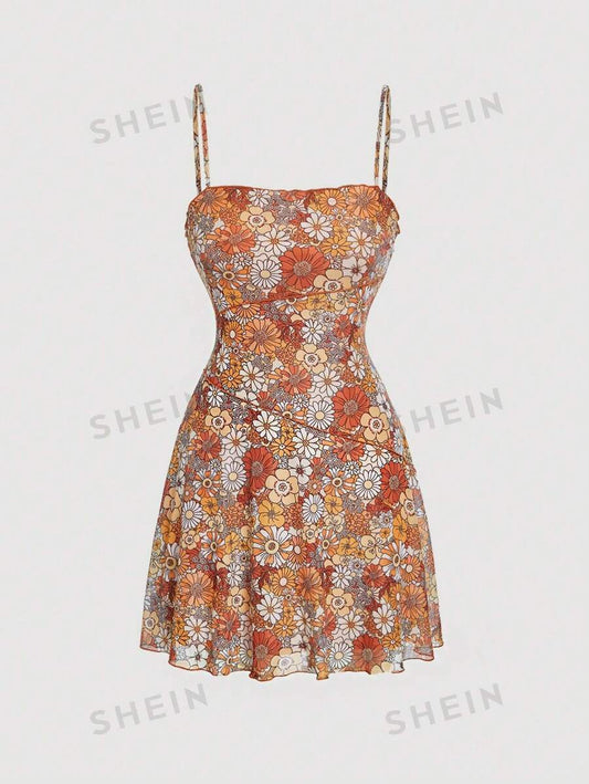 SHEIN MOD Vestido de tirantes con estampado floral bajo con fruncido
