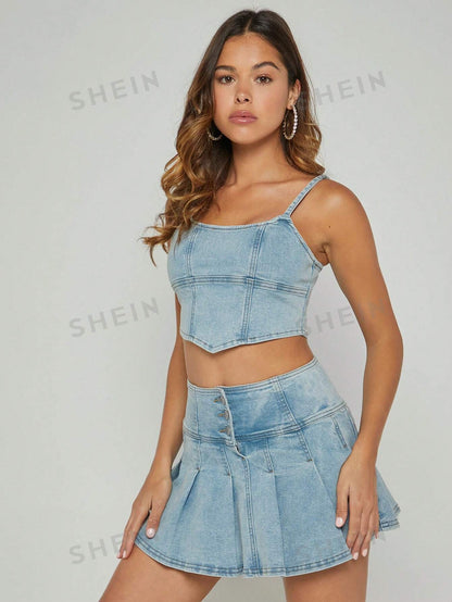 SHEIN Haute Conjunto De Top Y Falda De Denim Con Dobladillo De Bandana