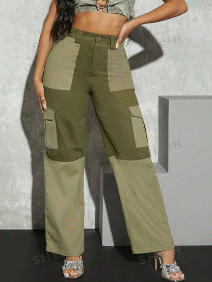 SHEIN Haute Pantalones De Carga Con Bolsillos De Solapa De Bloque De Color