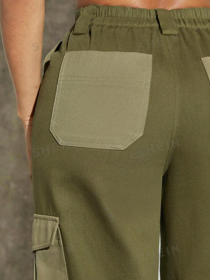 SHEIN Haute Pantalones De Carga Con Bolsillos De Solapa De Bloque De Color