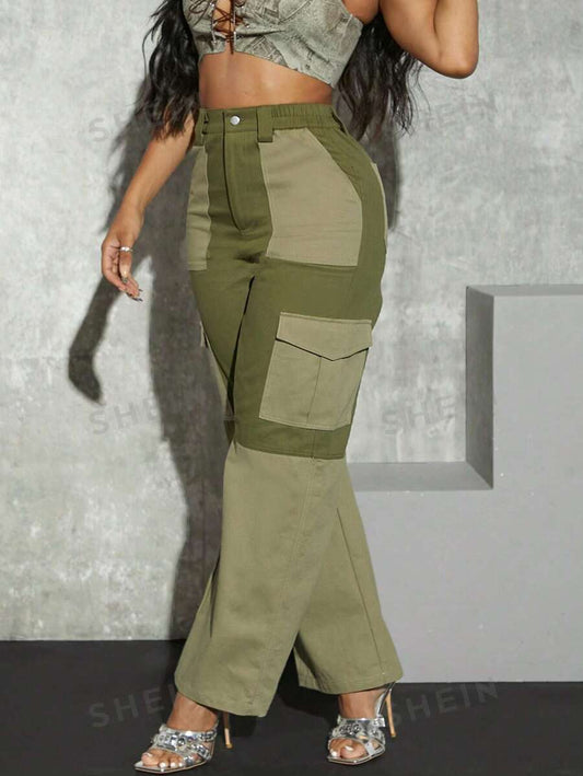 SHEIN Haute Pantalones De Carga Con Bolsillos De Solapa De Bloque De Color