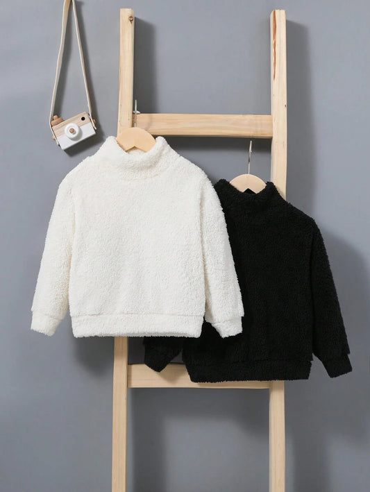 SHEIN 2 piezas/set sudadera de cuello levantado de lana sólida para niño joven para mantener el calor