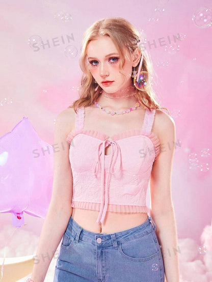 ROMWE Kawaii Top de tirantes con cordón delantero ribete fruncido mujer