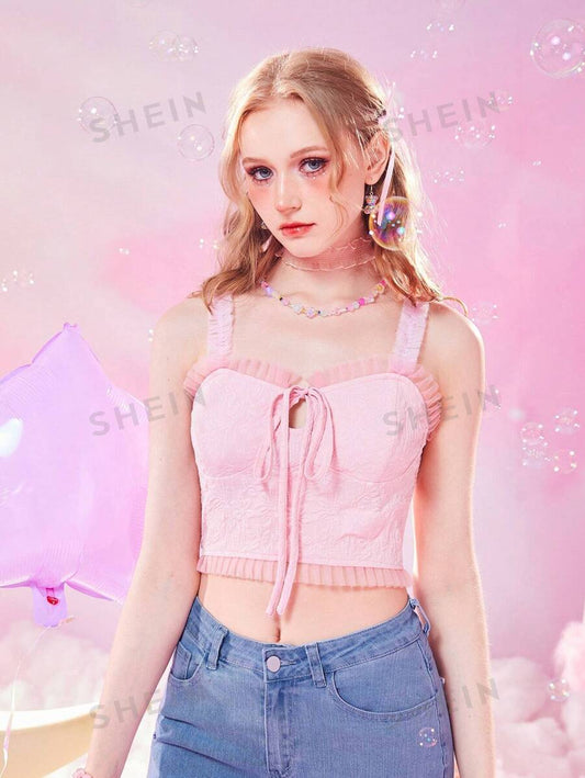 ROMWE Kawaii Top de tirantes con cordón delantero ribete fruncido mujer