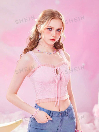 ROMWE Kawaii Top de tirantes con cordón delantero ribete fruncido mujer