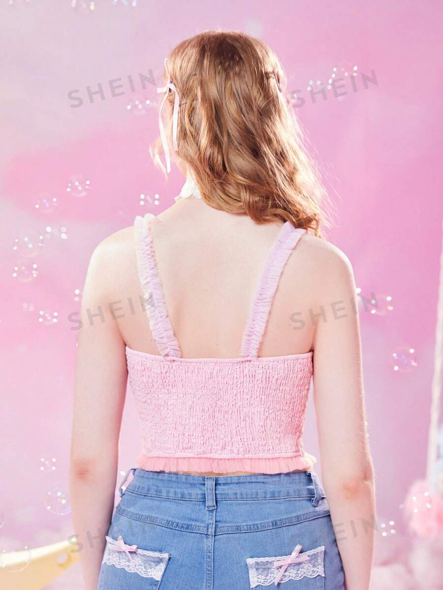 ROMWE Kawaii Top de tirantes con cordón delantero ribete fruncido mujer