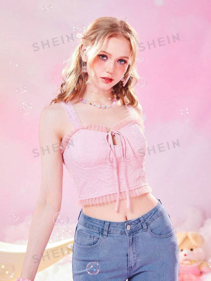 ROMWE Kawaii Top de tirantes con cordón delantero ribete fruncido mujer