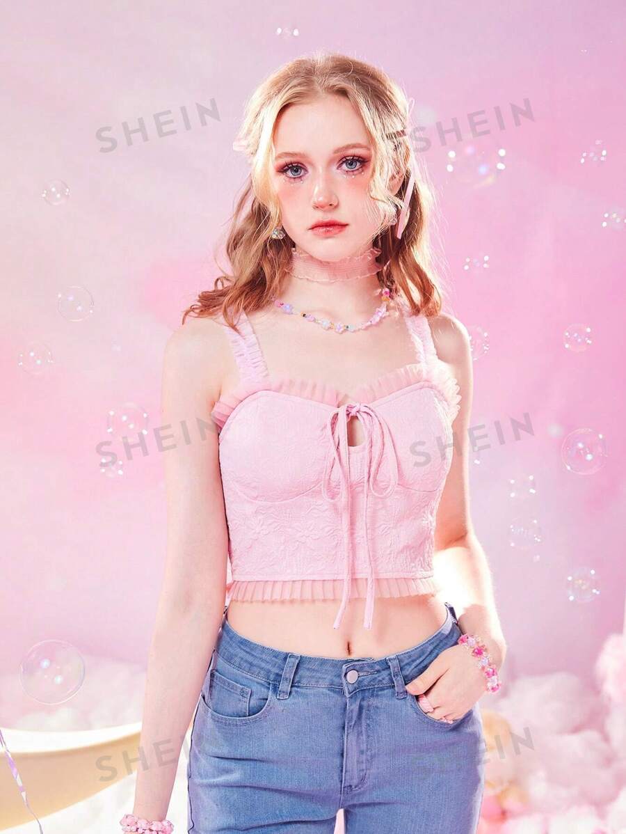 ROMWE Kawaii Top de tirantes con cordón delantero ribete fruncido mujer