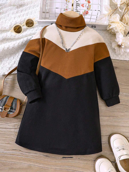 SHEIN Vestido suéter de cuello alto con retazos de mezcla de lana sintética de punto para niña, otoño - Pre-Adolescentes