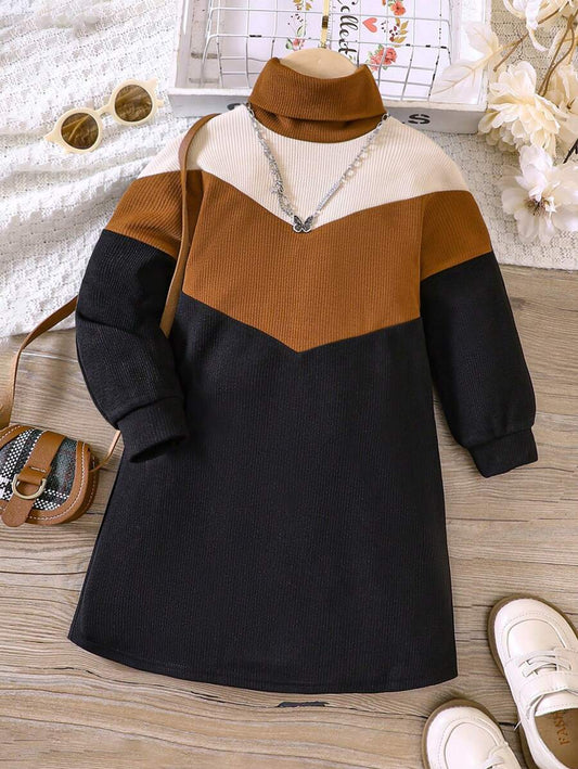 SHEIN Vestido suéter de cuello alto con retazos de mezcla de lana sintética de punto para niña, otoño - Pre-Adolescentes