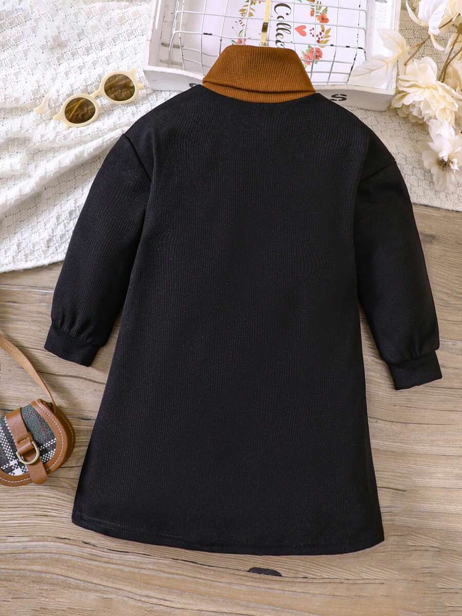 SHEIN Vestido suéter de cuello alto con retazos de mezcla de lana sintética de punto para niña, otoño - Pre-Adolescentes