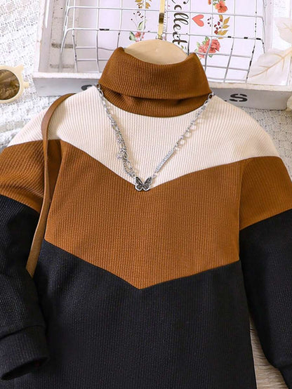 SHEIN Vestido suéter de cuello alto con retazos de mezcla de lana sintética de punto para niña, otoño - Pre-Adolescentes
