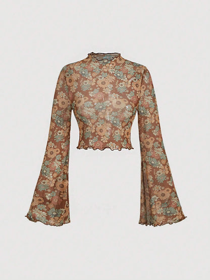 SHEIN MOD Tops de mujeres Acaracolado Transparente Floral todo estampado Casual
