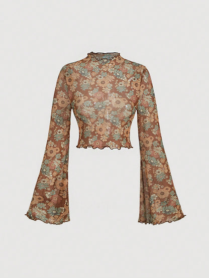 SHEIN MOD Tops de mujeres Acaracolado Transparente Floral todo estampado Casual