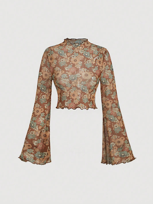 SHEIN MOD Tops de mujeres Acaracolado Transparente Floral todo estampado Casual