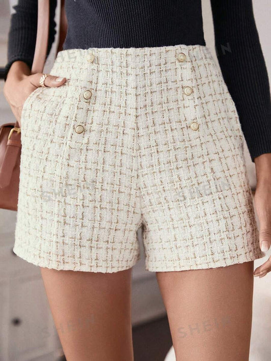 SHEIN Clasi Shorts tweed con patrón de cuadros de doble botonadura