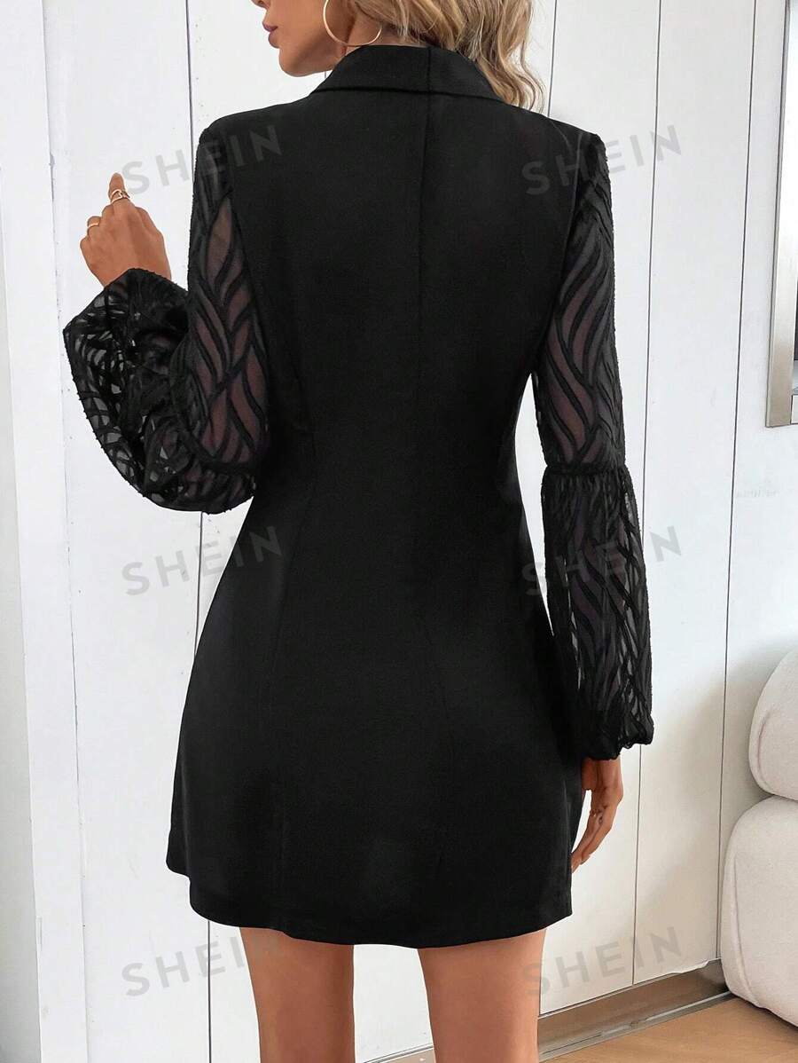 SHEIN Clasi Vestido de malla en contraste de doble botonadura de cuello esmoquin de manga farol
