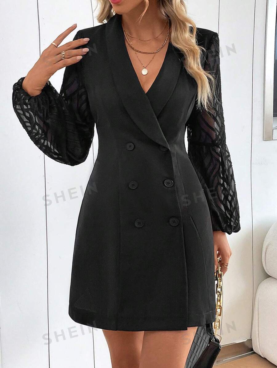 SHEIN Clasi Vestido de malla en contraste de doble botonadura de cuello esmoquin de manga farol